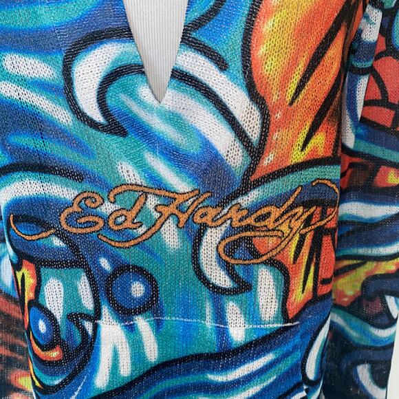 VTG 90's Y2K Ed Hardy Koi Fish Hoodie VNeck Tunic Sweater XL - Picture 2 of 6
